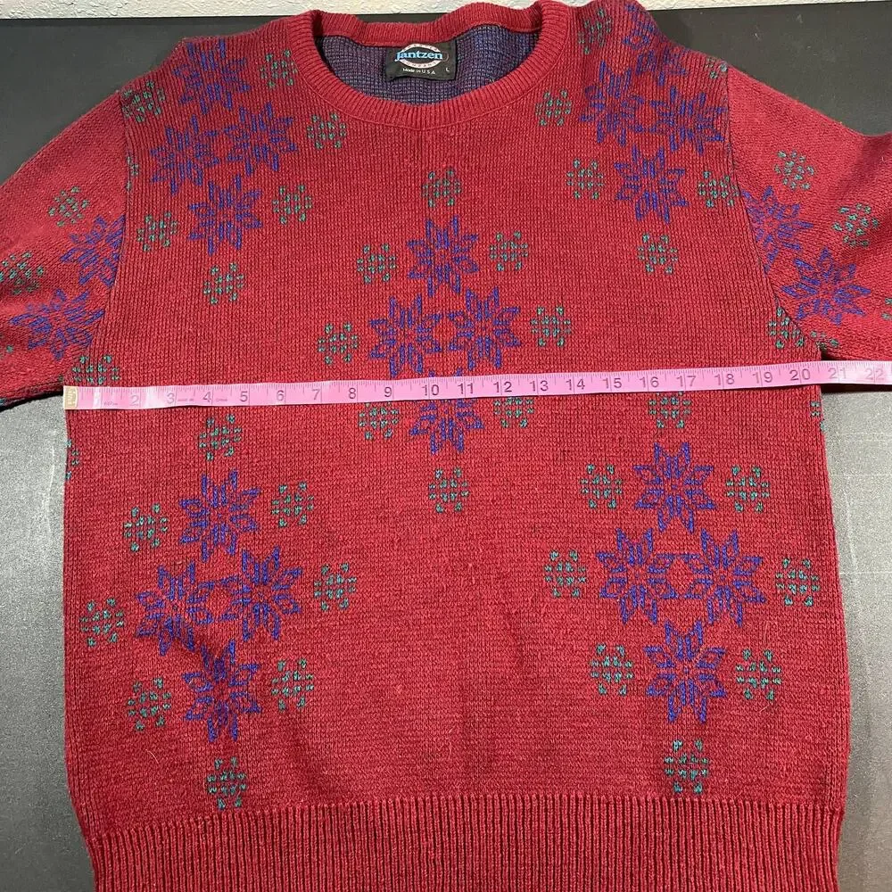 Vintage Mens Large Jantzen Red Sweater Made in USA Winter Snowflakes Crew neck